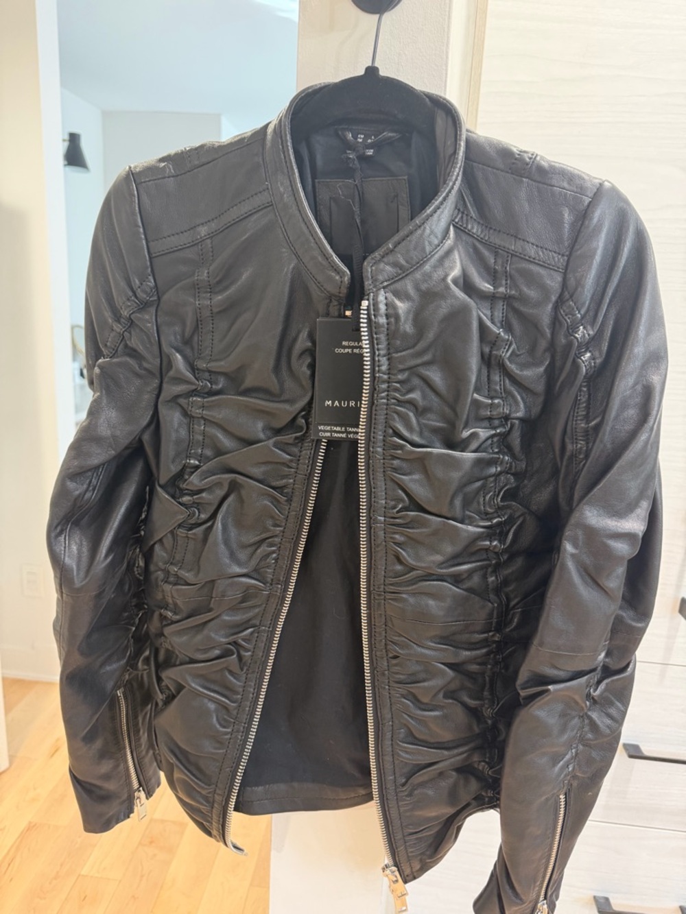 Mauritius Black Ruched Leather Moto Jacket